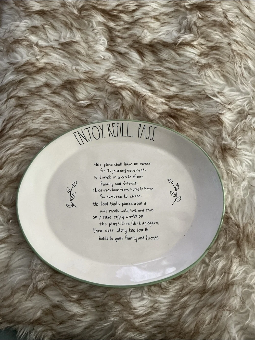 Rae Dunn Cream Ceramic Plate with Green Trim and Script